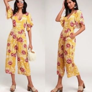 Lulu's Garden's Glory Mustard Yellow Floral Print Culotte Jumpsuit